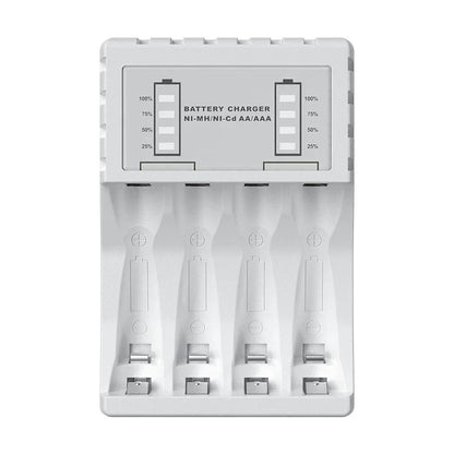 AA/AAA Battery Charger in white plastic with four slots and a clear LED display showing charge levels for AA and AAA batteries