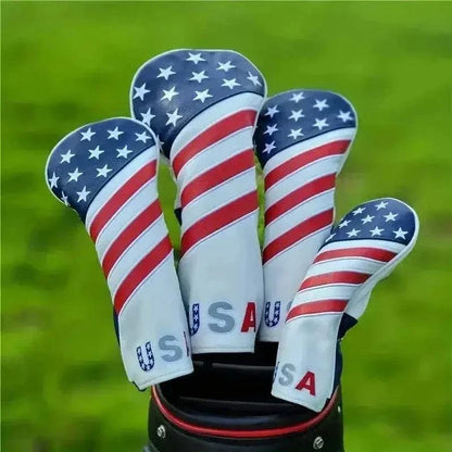 Patriotic American flag golf club head covers protecting golf clubs