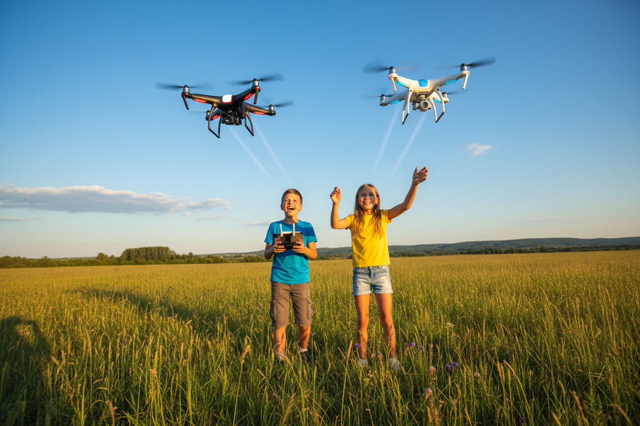 children flying drones
