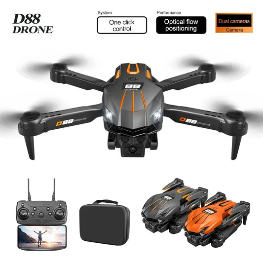 Camera Drone black and orange compact quadcopter with dual cameras, remote control, carrying case, and foldable design variants