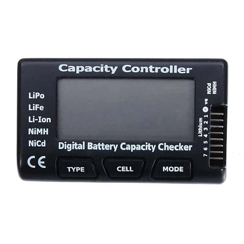 Cellmeter-7 Digital Battery Checker in black hard plastic with labelled display, TYPE, CELL and MODE buttons