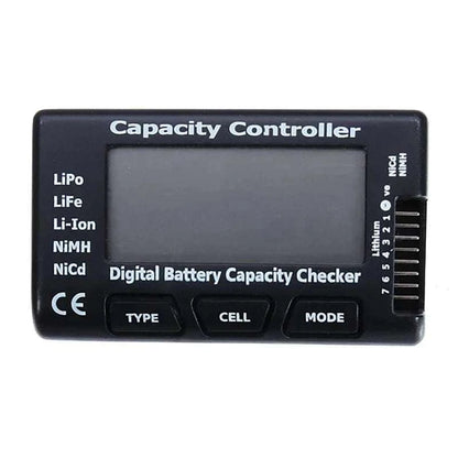 Cellmeter-7 Digital Battery Checker in black hard plastic with labelled display, TYPE, CELL and MODE buttons