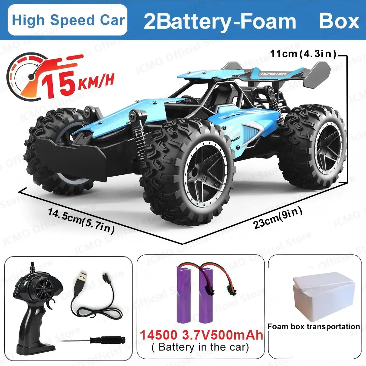 Climbing Vehicle Outdoor blue RC car 1:16 scale with alloy body, oversized black tires, LED lights, and remote control
