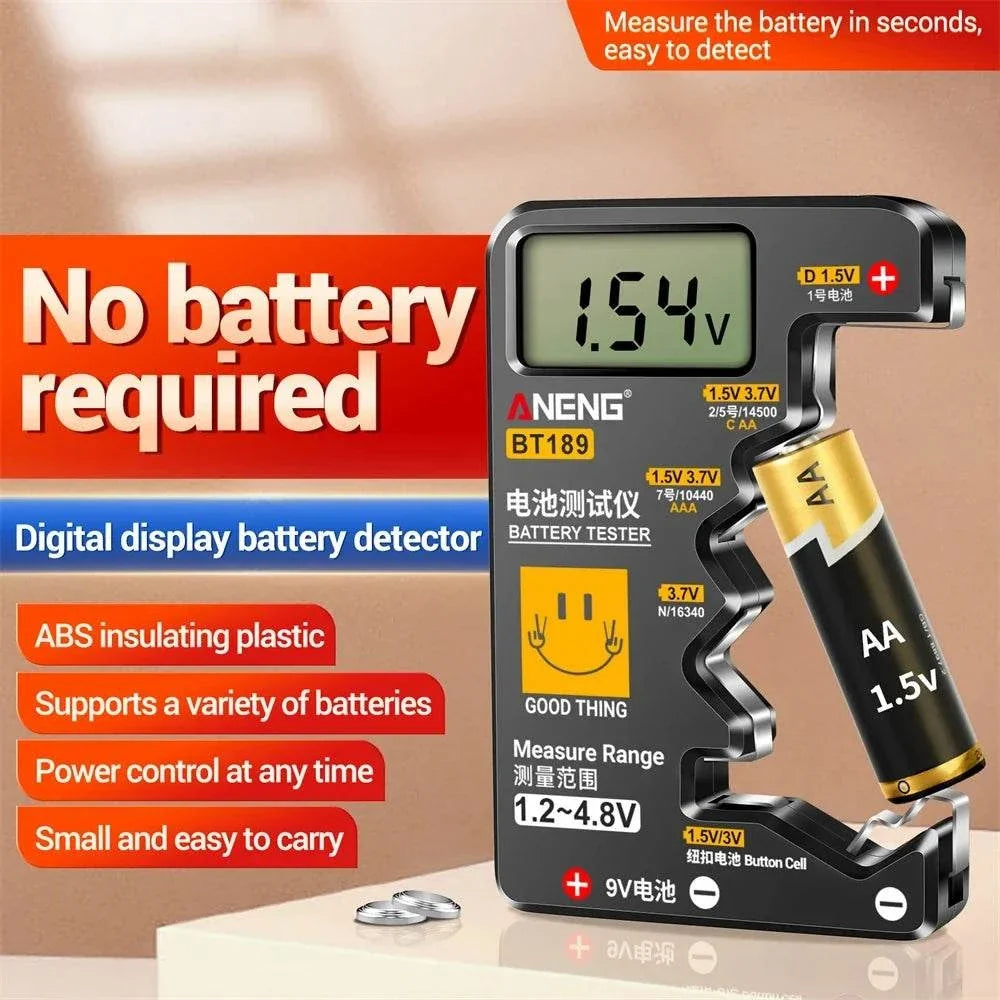 Digital Battery Tester with black ABS housing, LCD 1.5V display, and AA battery testing contacts