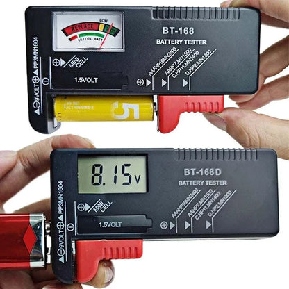 Digital Battery Tester in black plastic with LCD display, red slider, and 8.15V reading for AA and 9V batteries