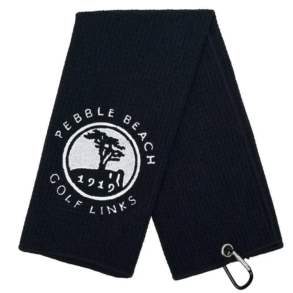 Embroidered 1919 golf towel with clip hanging on golf bag