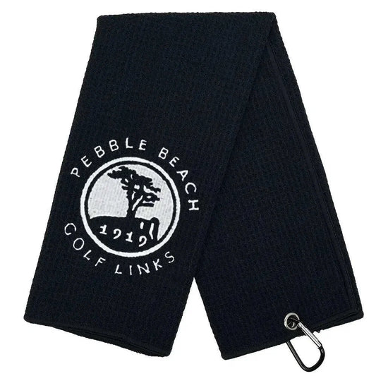 Embroidered 1919 golf towel with clip hanging on golf bag