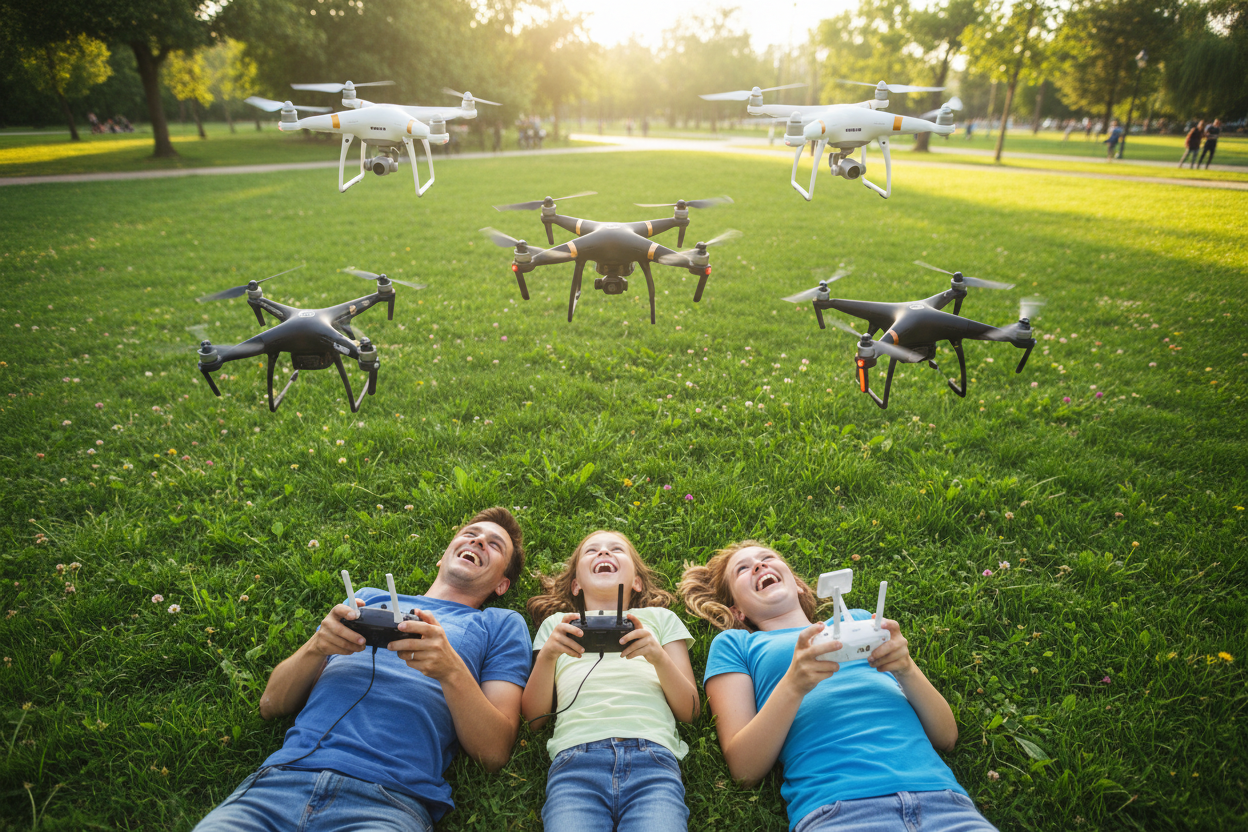 family flying drones