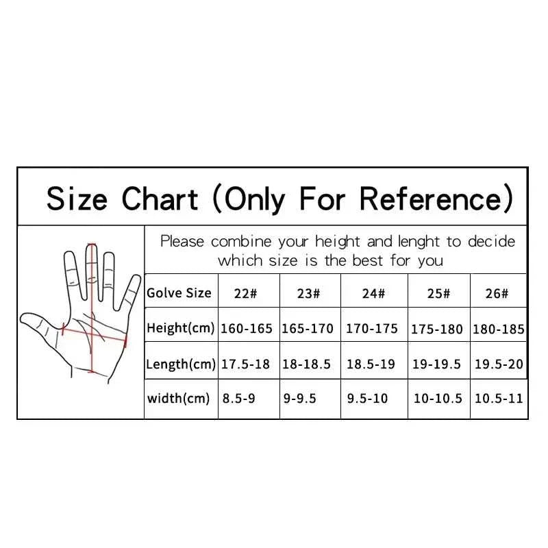 Golf Gloves Men size chart showing glove sizes 22 to 26 with height, length, and width measurements