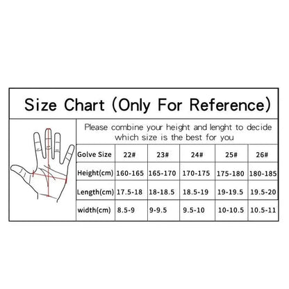 Golf Gloves Men size chart showing glove sizes 22 to 26 with height, length, and width measurements