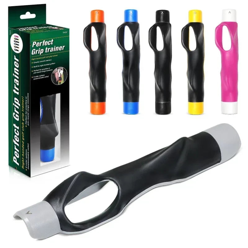 Golf Grip Trainer set with ergonomic black grips featuring colorful end caps and a matching packaging box for grip strengthening aid