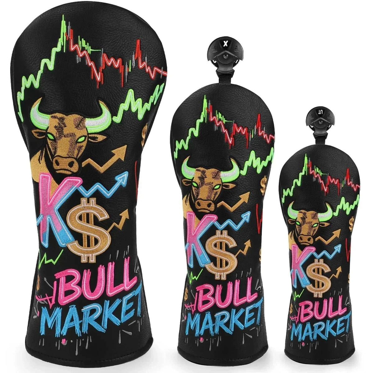 Golf Head Covers in black synthetic leather with bull, stock market chart and colorful embroidered graphics