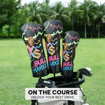 Golf Head Covers in black synthetic leather with colorful embroidered bull market design, numbers, and dollar signs