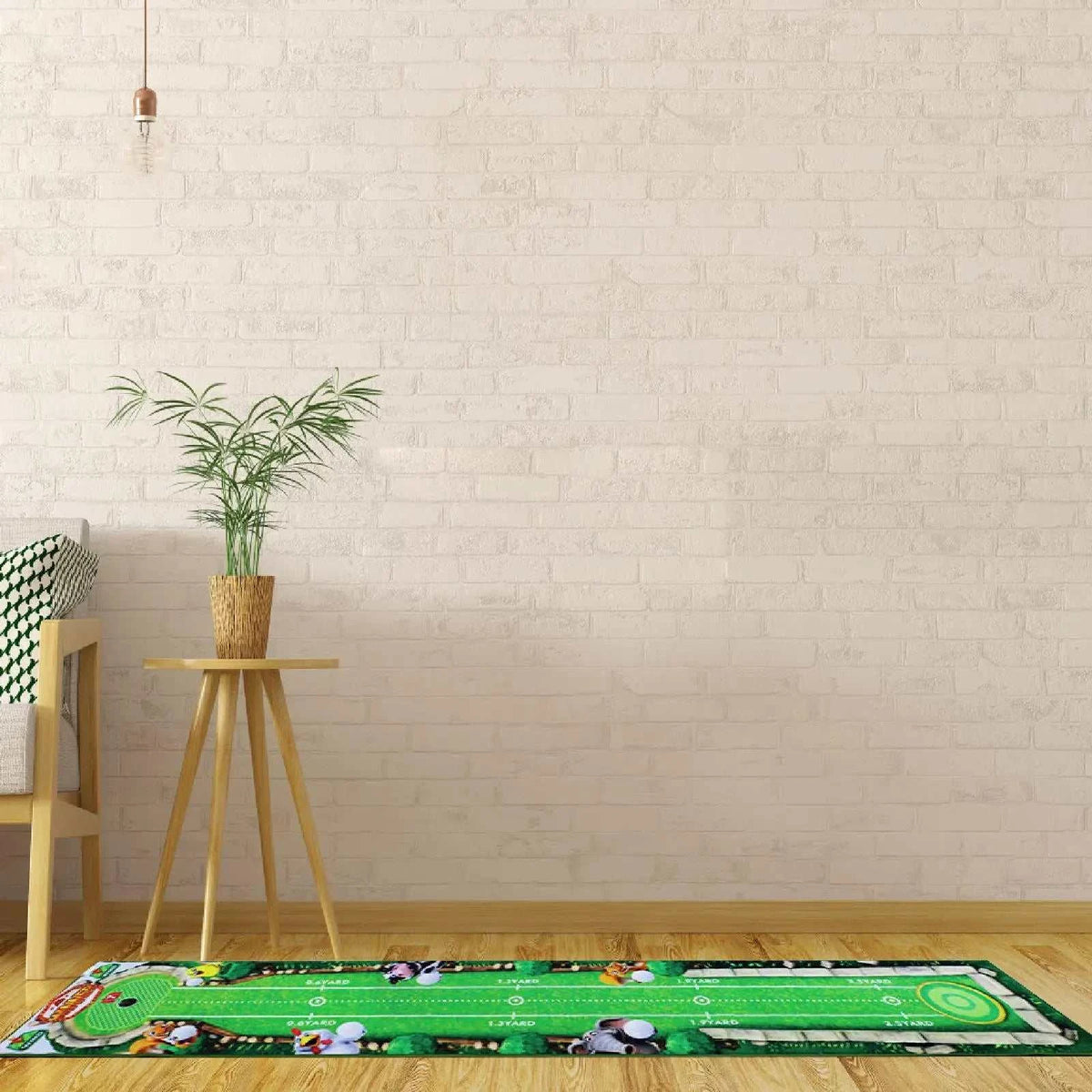 Golf Putting Mat with bright green golf-themed graphics, white alignment markings, and multiple target holes