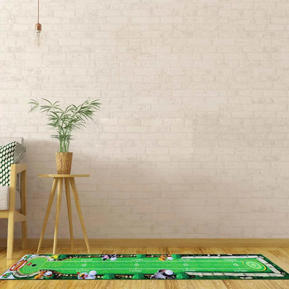 Golf Putting Mat with bright green golf-themed graphics, white alignment markings, and multiple target holes