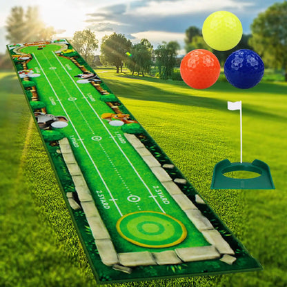 Green Golf Putting Mat with target markings, cartoon animal designs, and included yellow, orange, blue golf balls and a small flag