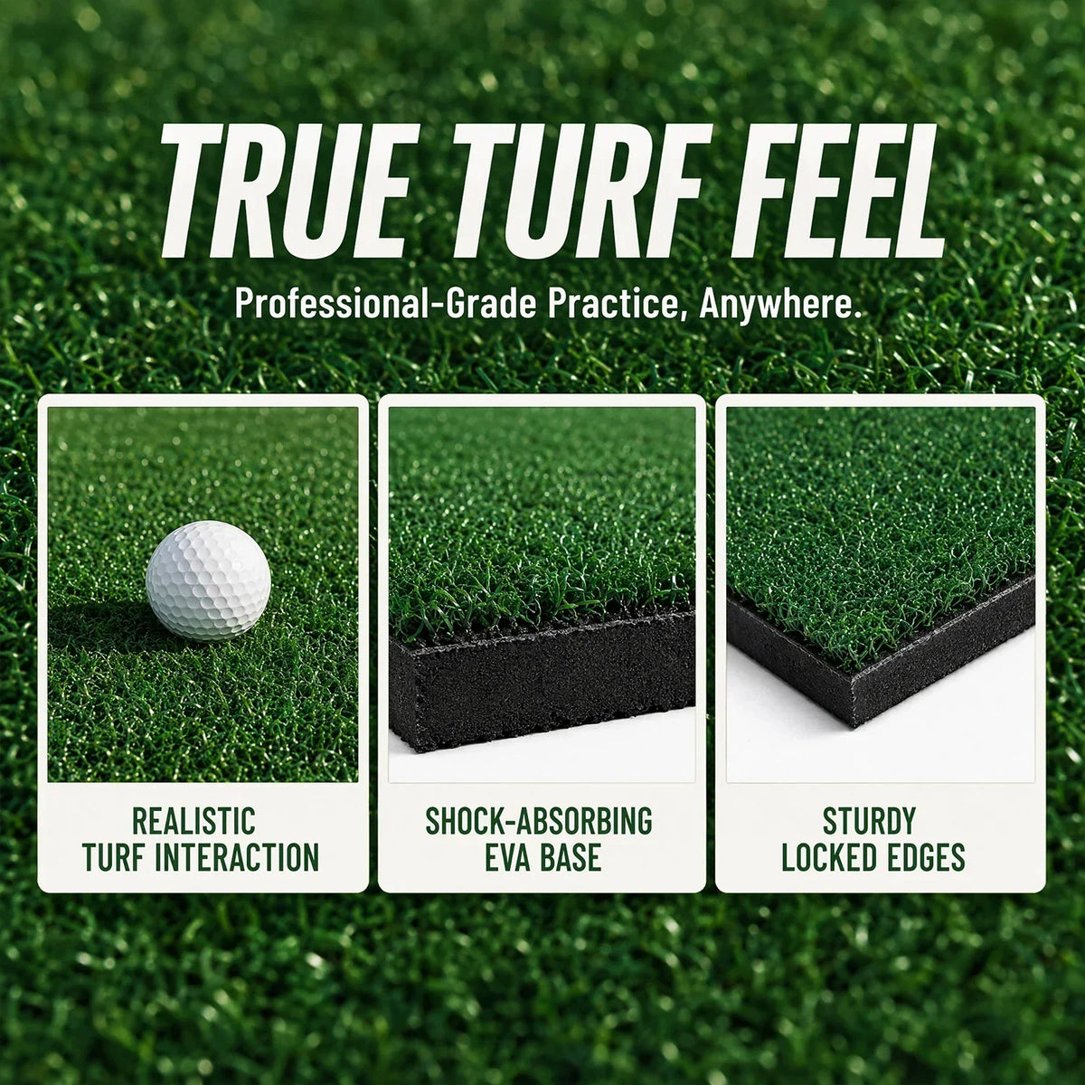 Golf Swing Practice Mat with green artificial turf, shock-absorbing EVA base, and sturdy locked edges for realistic turf interaction