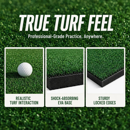 Golf Swing Practice Mat with green artificial turf, shock-absorbing EVA base, and sturdy locked edges for realistic turf interaction