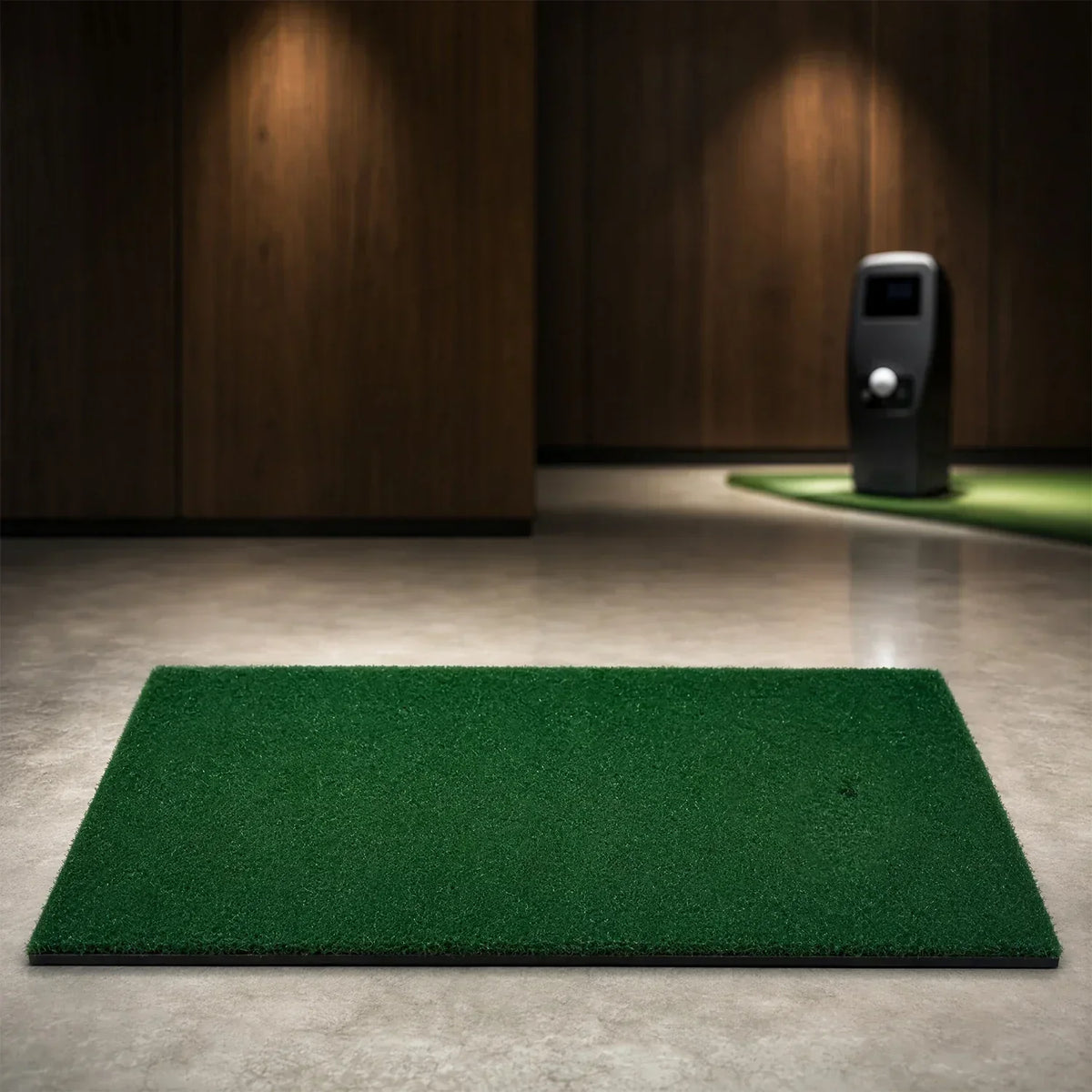 Golf Swing Practice Mat with green artificial turf surface and black border, designed for indoor and outdoor use