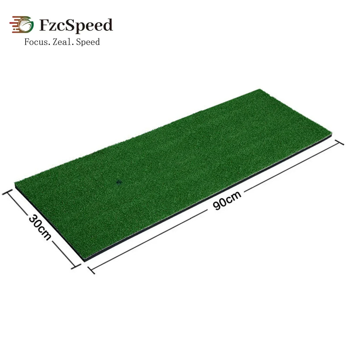 Golf Swing Practice Mat in green artificial turf with black underside, measuring 30cm by 90cm, ideal for outdoor and indoor golf training.