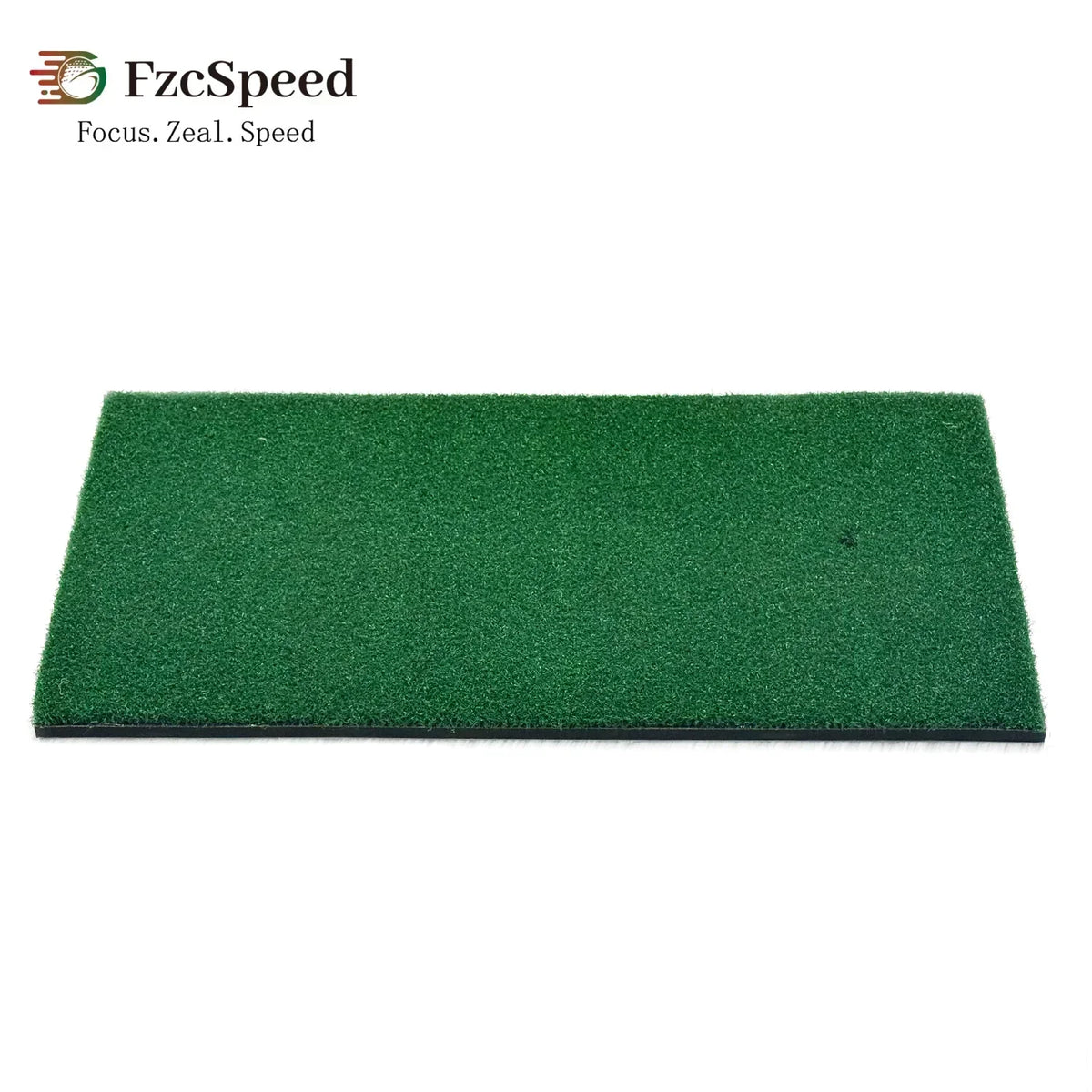 Golf Swing Practice Mat in green artificial turf with nylon and SBR material, rectangular and compact size for indoor and outdoor use
