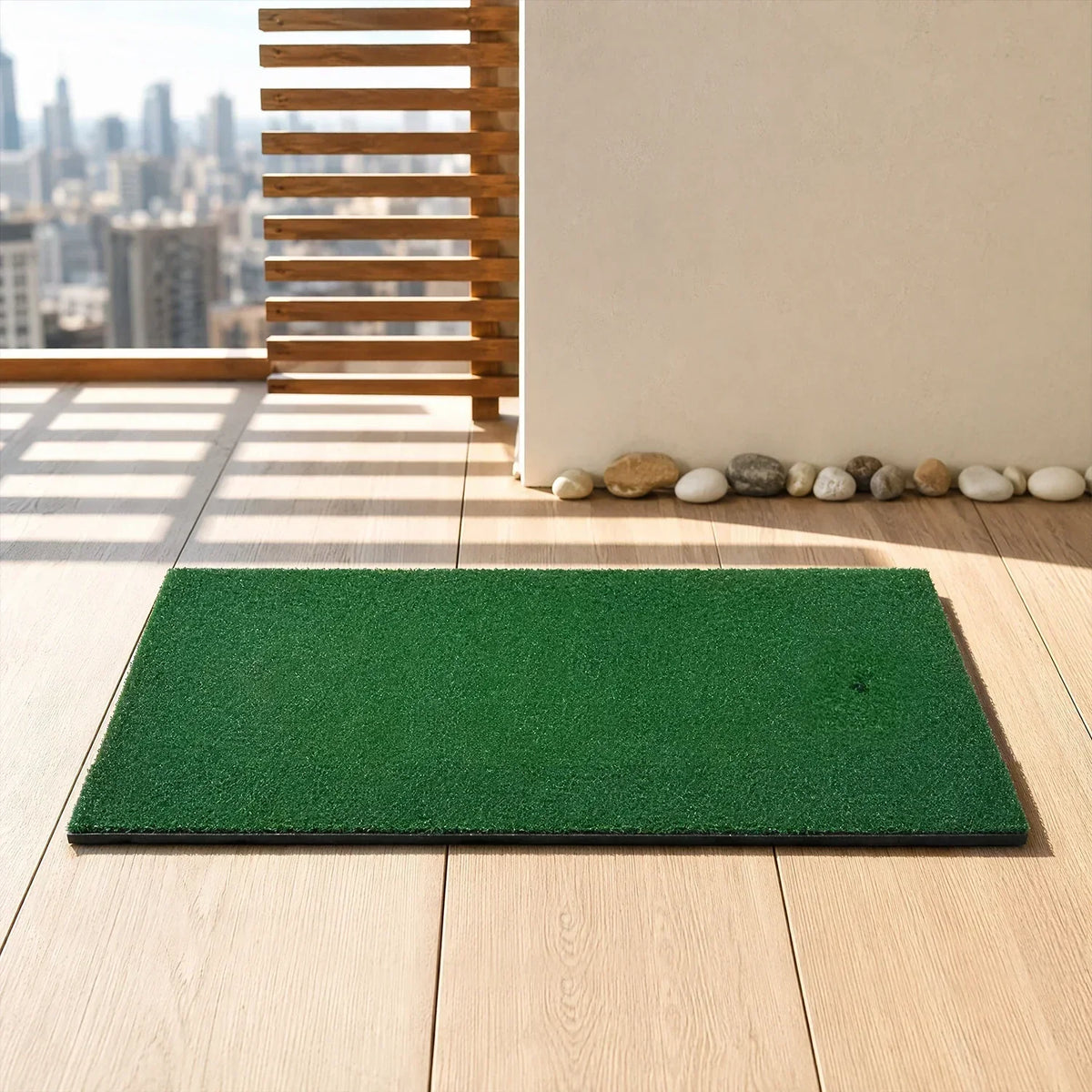 Golf Swing Practice Mat in green artificial turf material with a rectangular shape and smooth surface for indoor or outdoor use