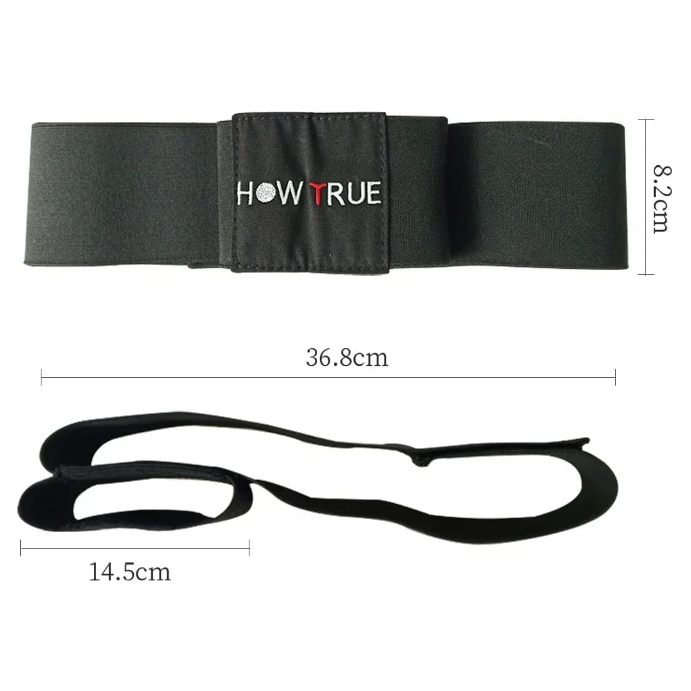 Golf Swing Training Arm Band in black elastic nylon with logo patch, designed for correct arm and posture alignment