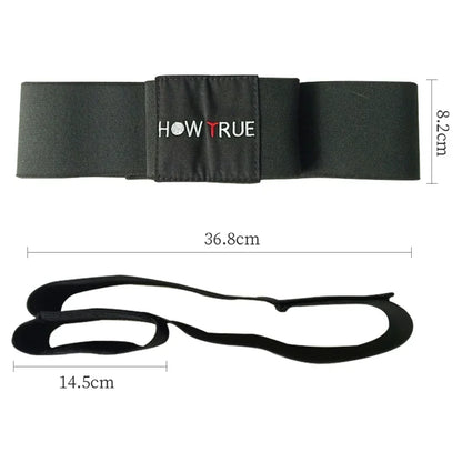 Golf Swing Training Arm Band in black elastic nylon with logo patch, designed for correct arm and posture alignment