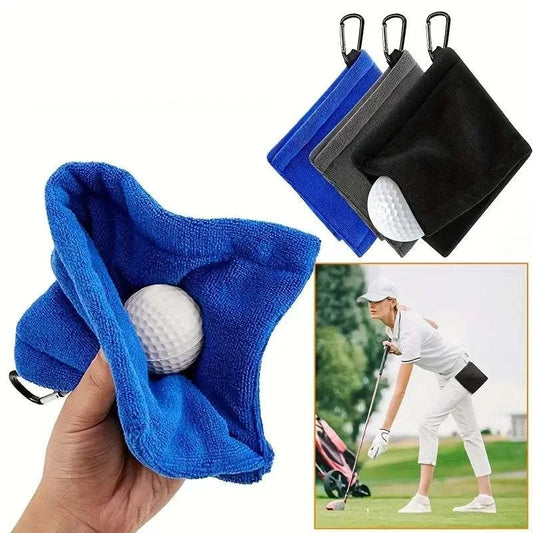 Compact golf towel with hook for cleaning clubs and balls