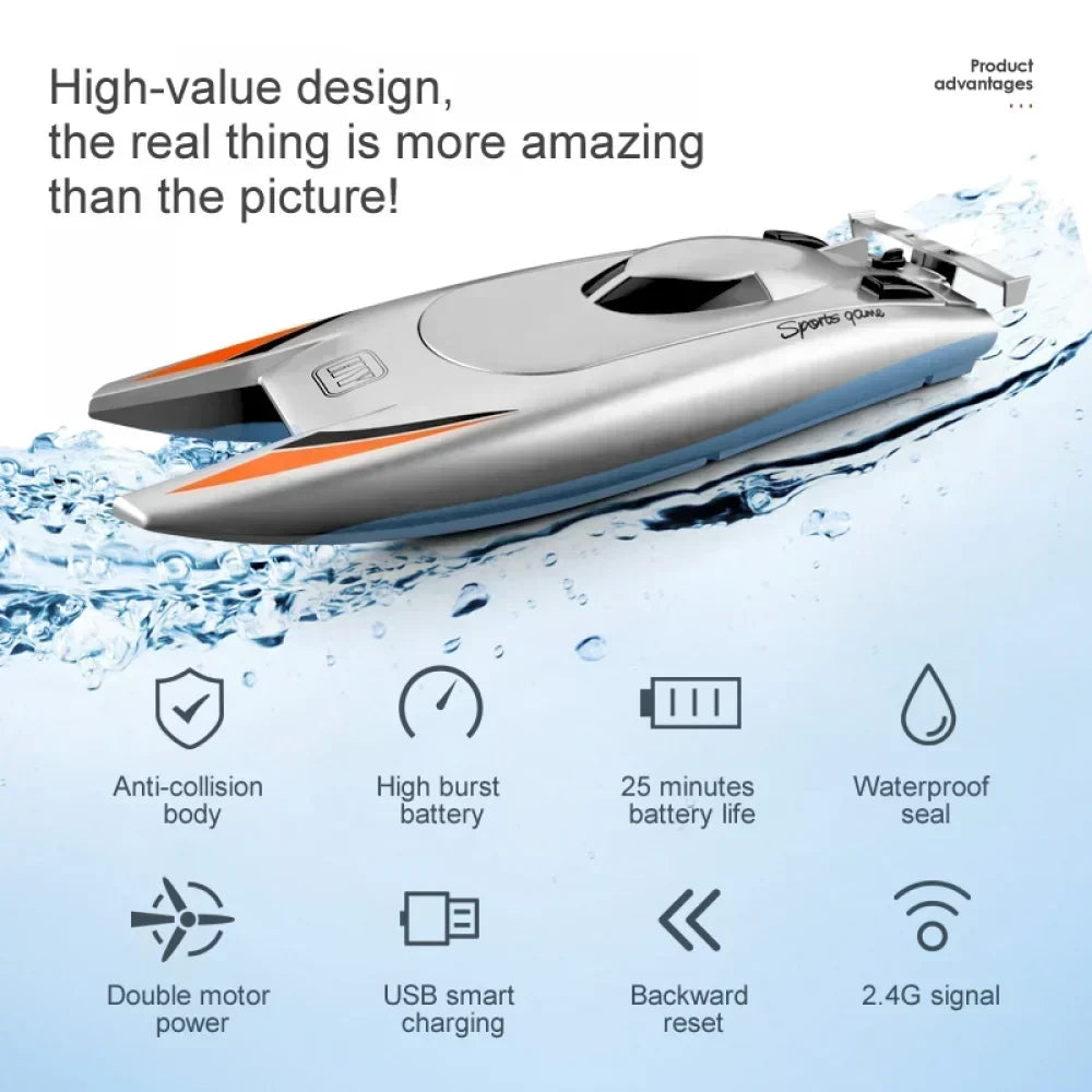 High Speed 30 Km/h boat in silver and orange with sleek plastic body, dual motors, and waterproof seal