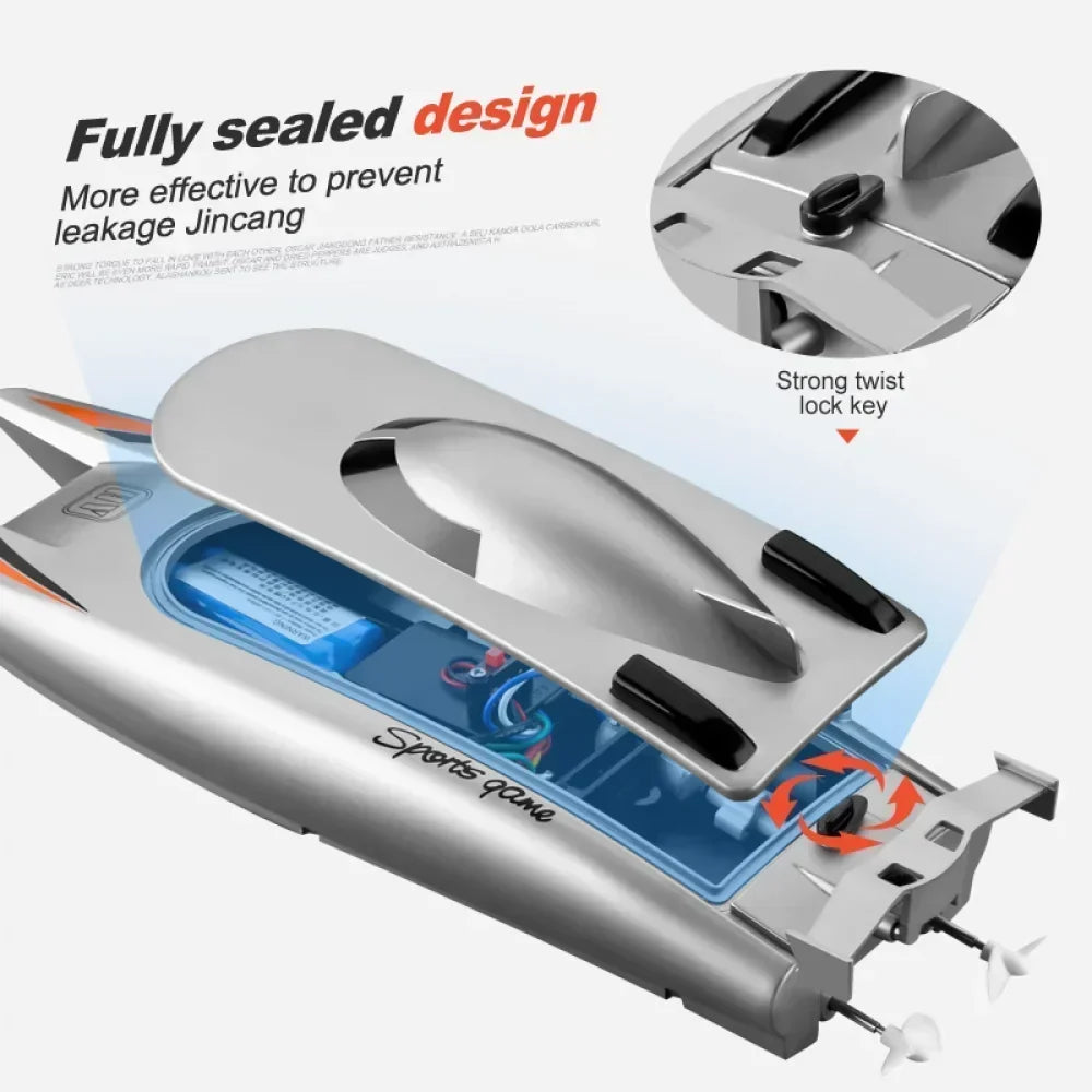 High Speed 30 Km/h boat in silver plastic with fully sealed design, twist lock key, and visible internal electronics