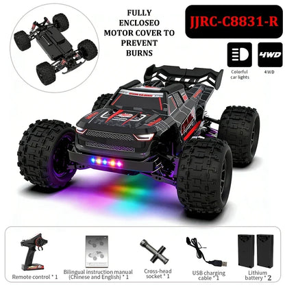 High Speed Off Road Car black and red 4WD RC vehicle with large knobby tires, colorful LED lights, and a rear spoiler for off-road racing
