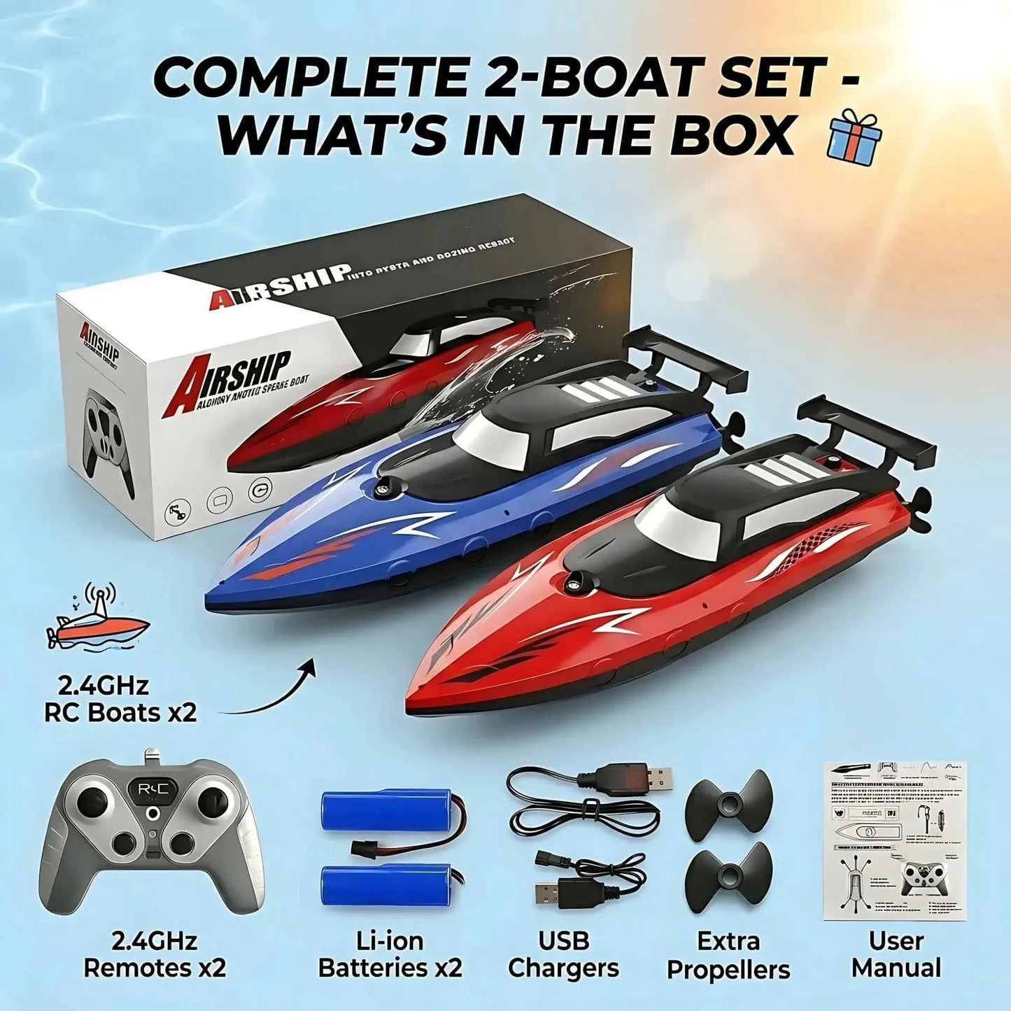 High speed RC speed boat in red and blue with remote controllers