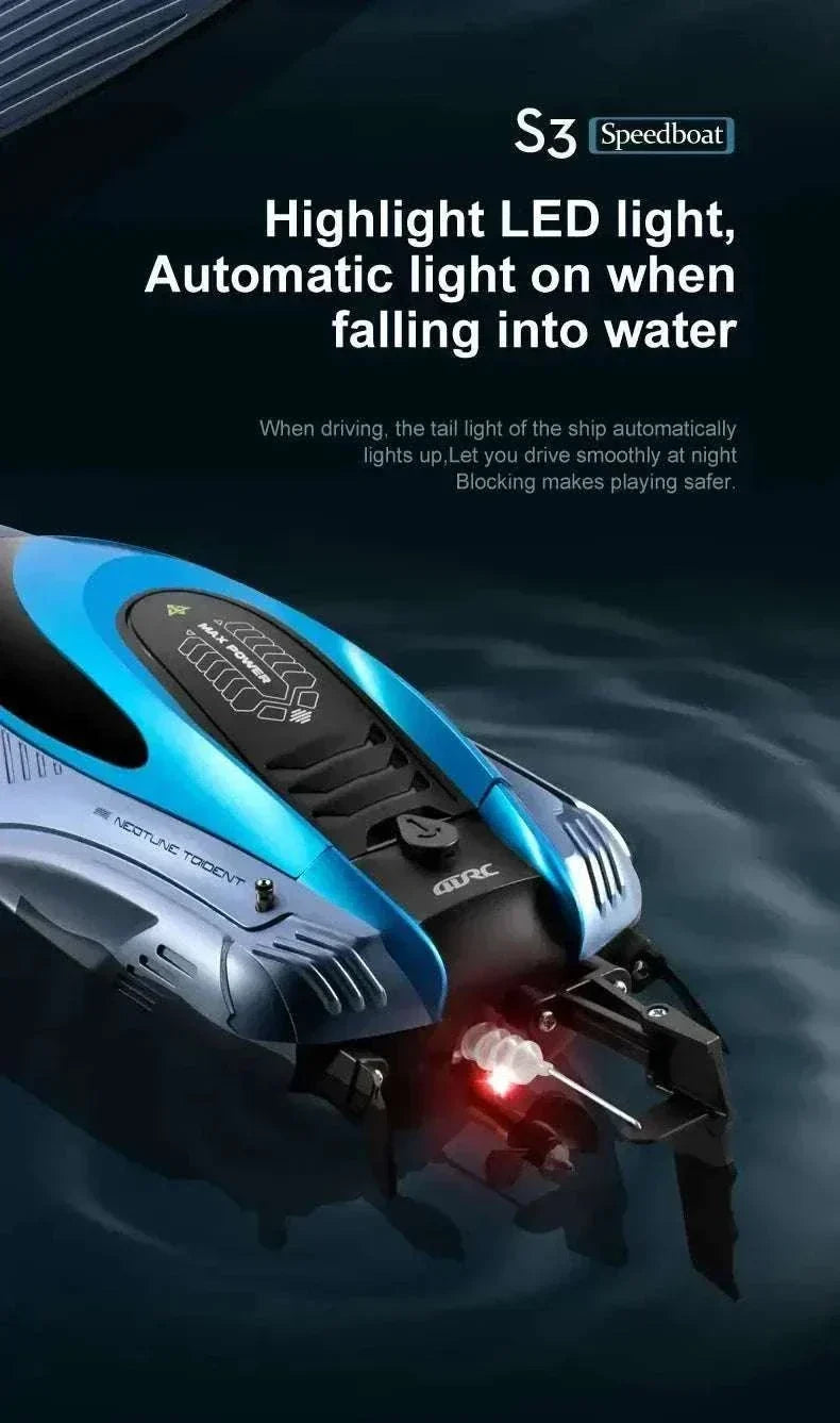 S3 Remote Control Boat with highlight LED light features and automatic light activation when it falls into water.