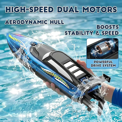 High speed remote control boat with dual motors and aerodynamic design, perfect for stability and speed.