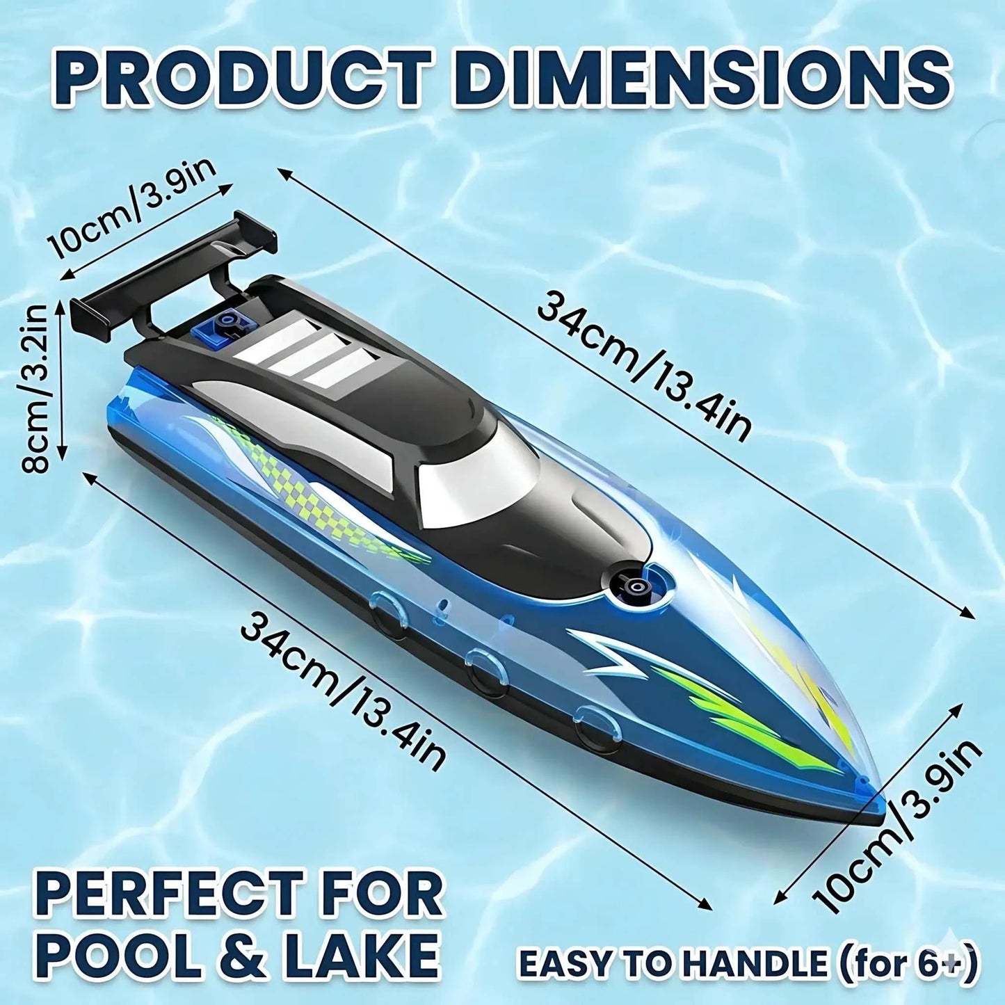 High speed remote control boat dimensions, perfect for pool and lake, easy to handle for ages 6 and up.