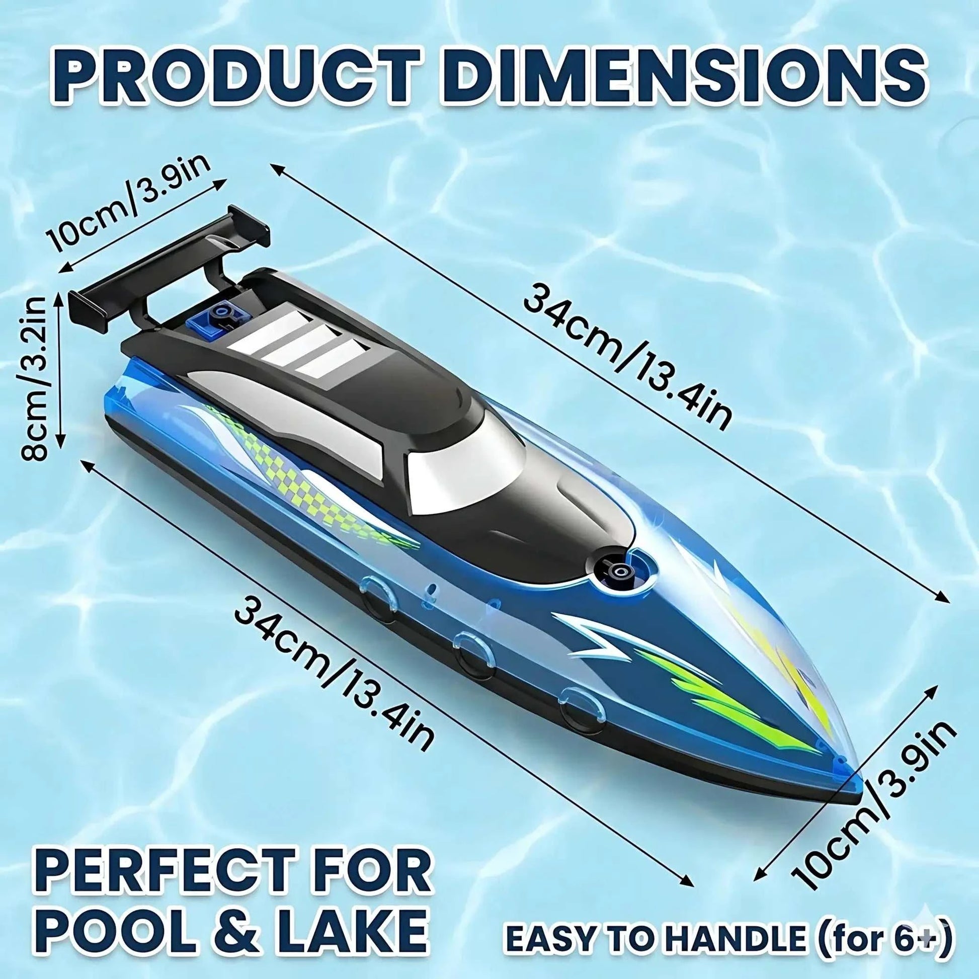 High speed remote control boat dimensions, perfect for pool and lake, easy to handle for ages 6 and up.