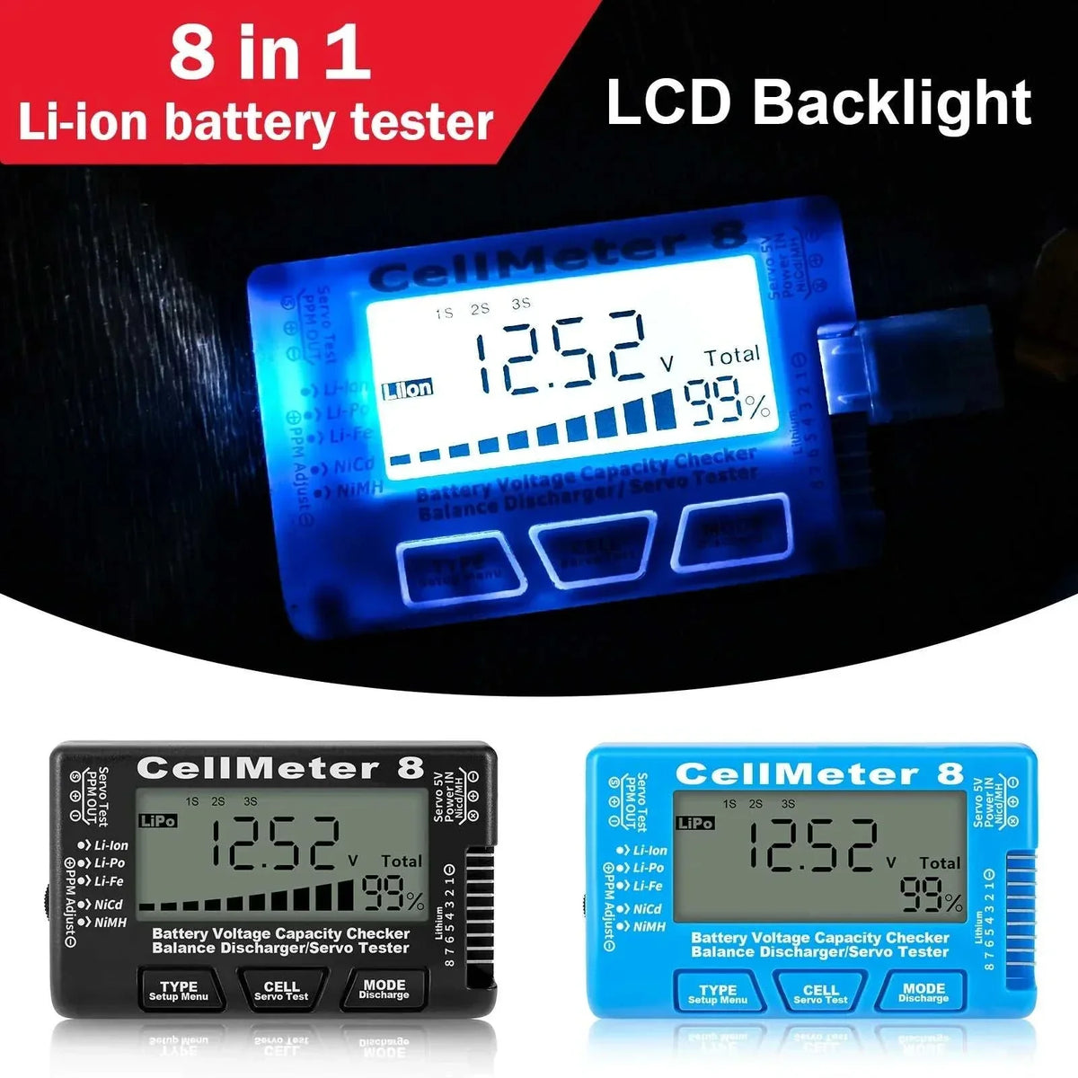 LCD Digital Battery Checker in blue and black ABS housings with LCD backlight, voltage display and control buttons