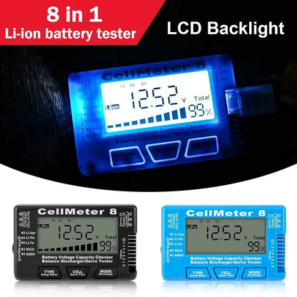 LCD Digital Battery Checker in blue and black ABS housings with LCD backlight, voltage display and control buttons