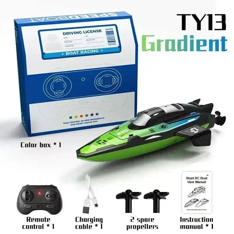 Mini RC boat with LED lights and remote control on water