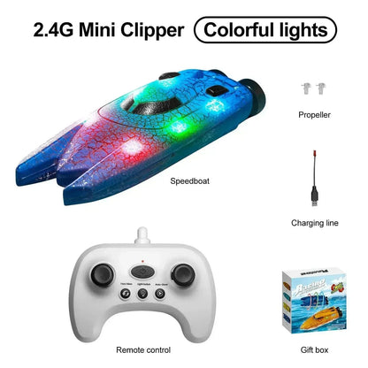 Mini RC boat with LED lights on water