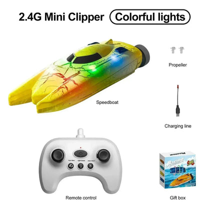 Mini RC boat with LED lights on water