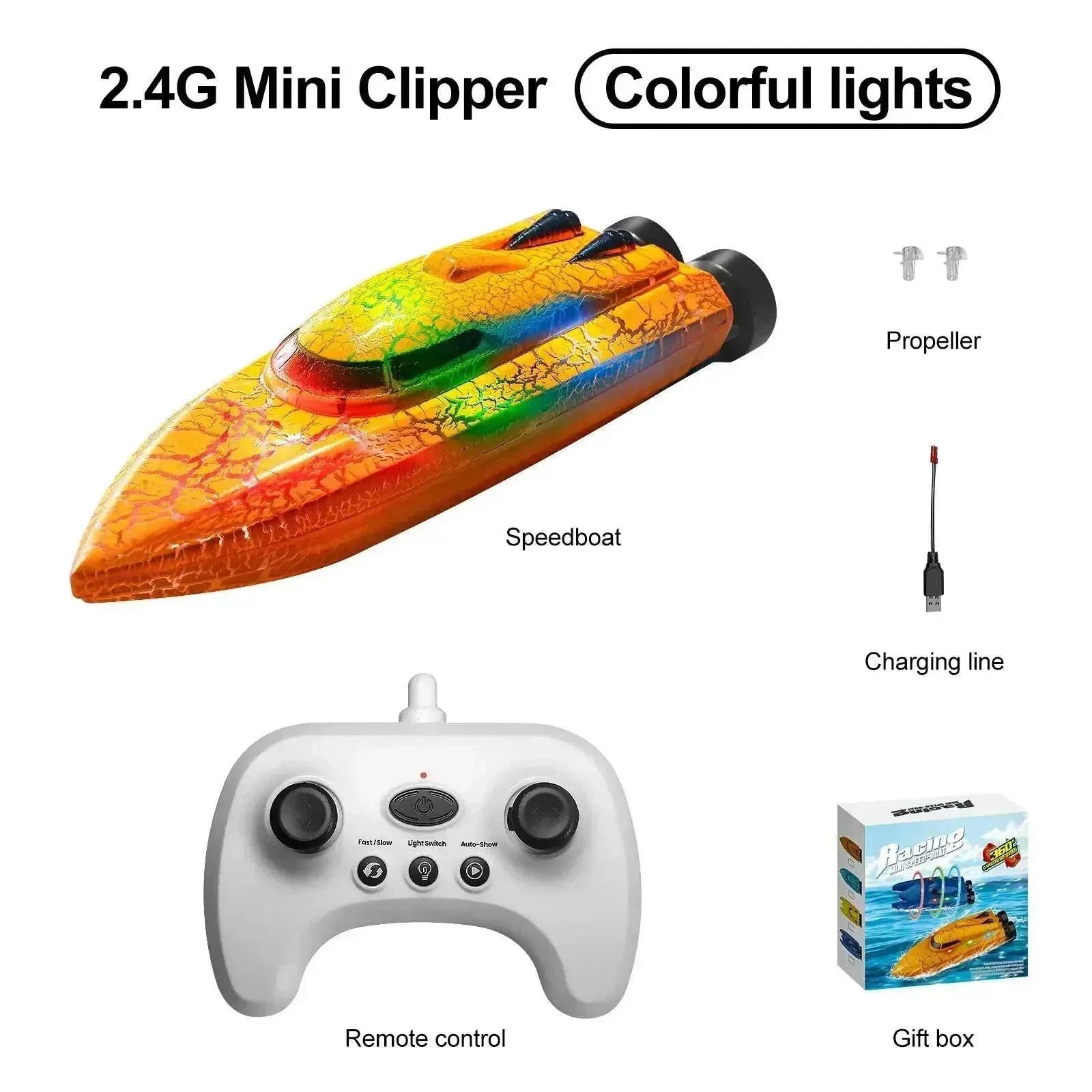 Mini RC speedboat with LED lights and remote control