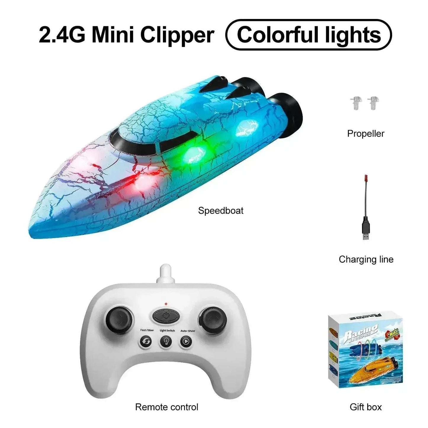 Mini RC boat with LED lights remote controlled speedboat