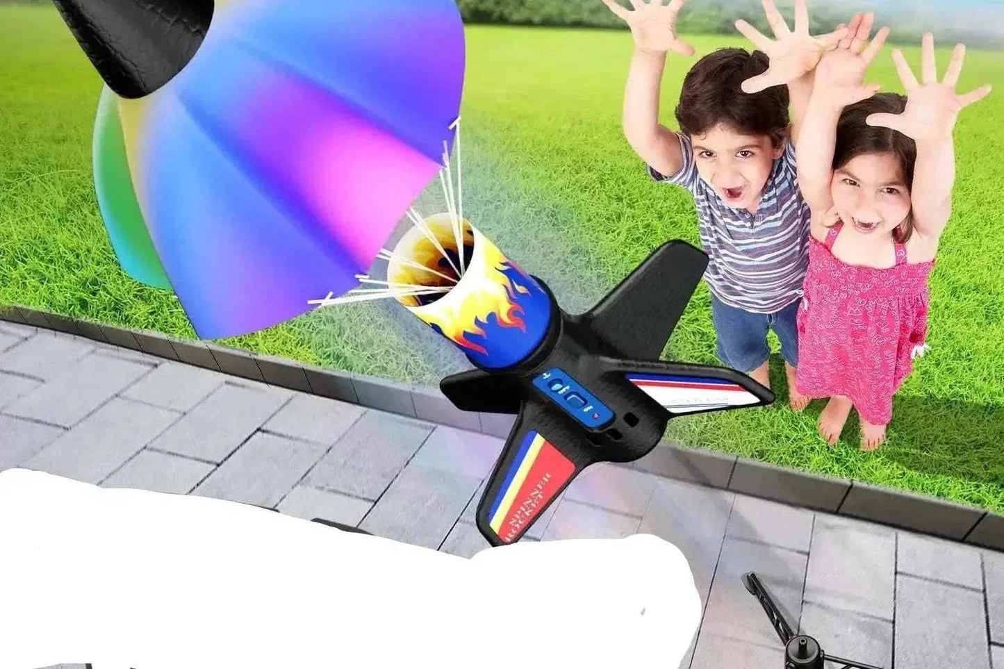 Motorized air rocket toy for kids launching outdoors with LED lights and parachute landing system