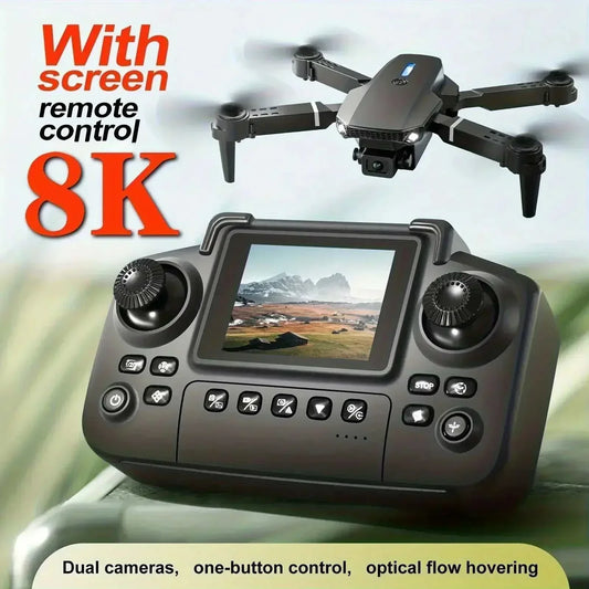 PRO MAX foldable drone E88 black compact quadcopter with foldable arms and dual cameras alongside black screen remote control