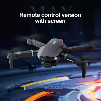PRO MAX foldable drone E88 with black plastic frame, foldable arms, dual front and bottom cameras, and LED lights