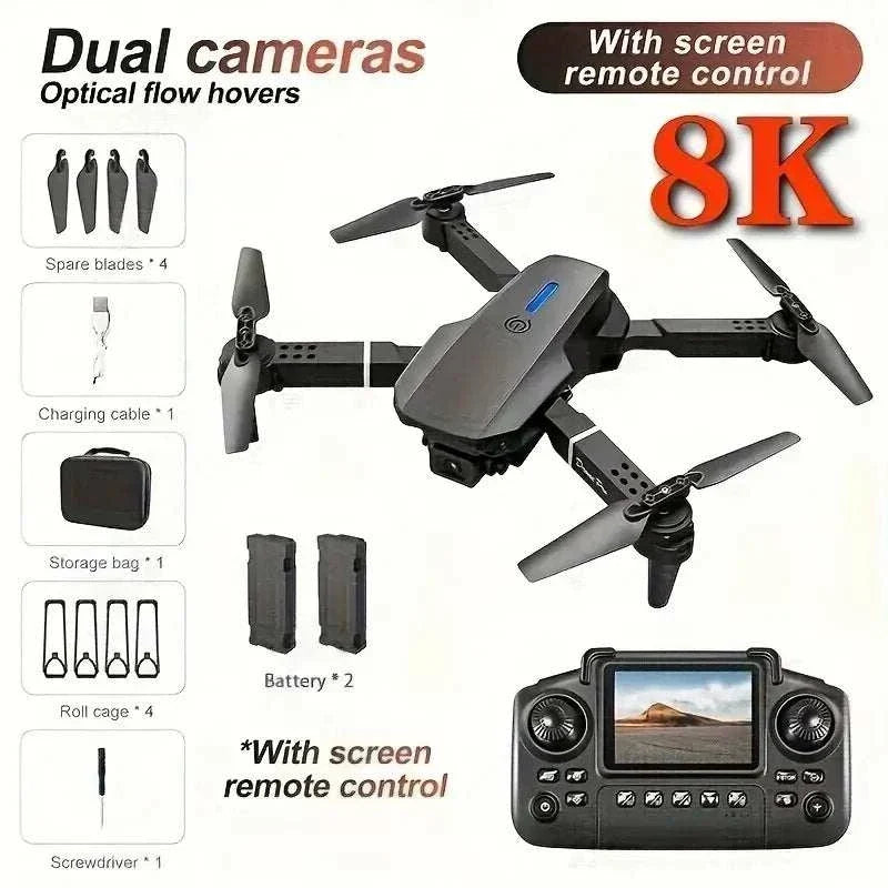 PRO MAX foldable drone E88 in black plastic with dual cameras, foldable arms, and screen remote control with visible landscape
