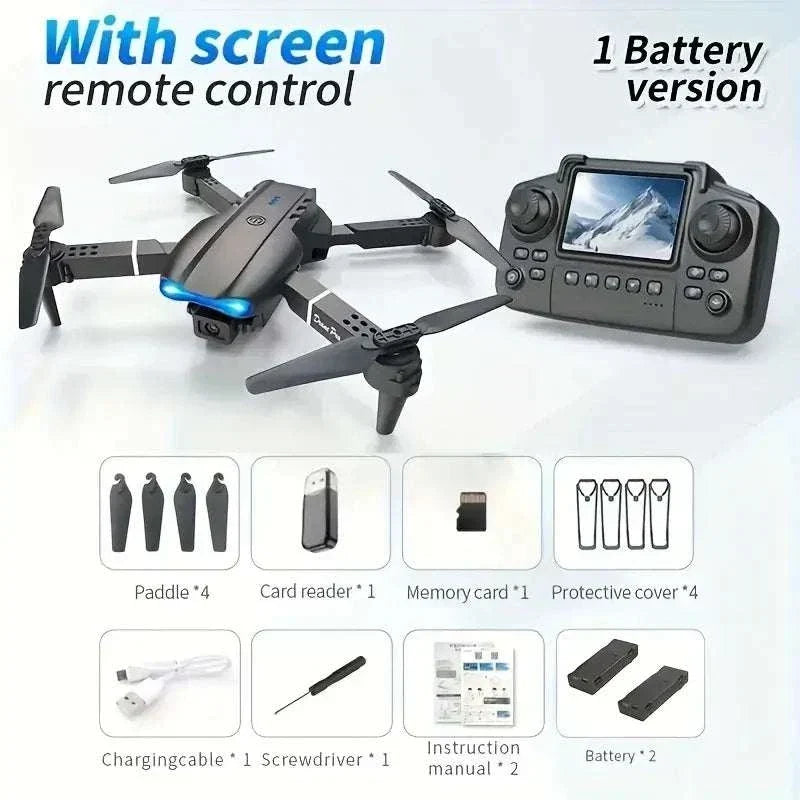PRO MAX foldable drone E88 black compact quadcopter with foldable arms and blue LED lights, shown with screen remote control and accessories