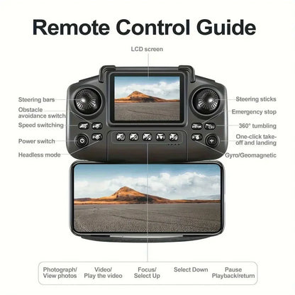 Black plastic remote controller for PRO MAX foldable drone E88 with dual joysticks, LCD screen, and smartphone holder